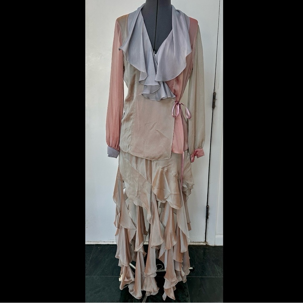VINTAGE 90s HELEN STOREY REAL CLASSICS CHIFFON IRIDESCENT TOP SKIRT JELLYFISH M - Picture 1 of 9